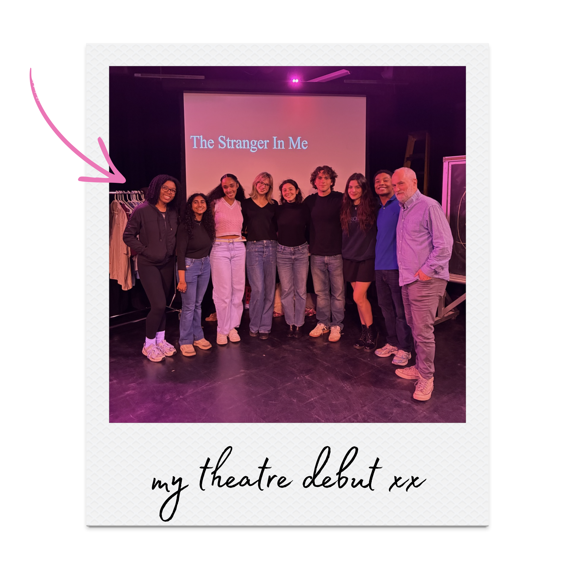 polaroid picture of ashley with her cast and crew for a play she was a part of with caption that reads 'theatre debut xx'
